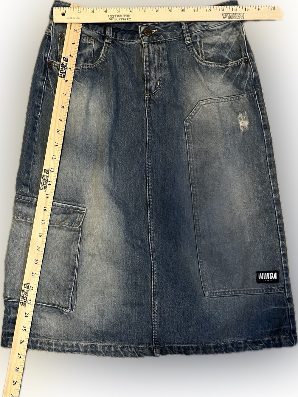 Minga London Washed Denim Grunge Utility Skirt size 26 - Picture 7 of 15
